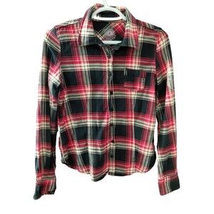 Cello Red Black White Plaid Button Down Women's Shirt Blingy Rhinestone Design S